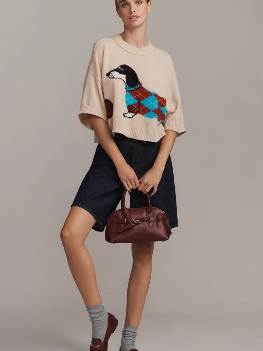 Anthropologie Cashmere Crewneck Sweater with Turquoise & Brown Argyle Dachshund - Picture 2 of 5